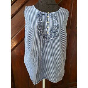 Talbots Blue & White Striped Sleeveless Ruffle Top  Large